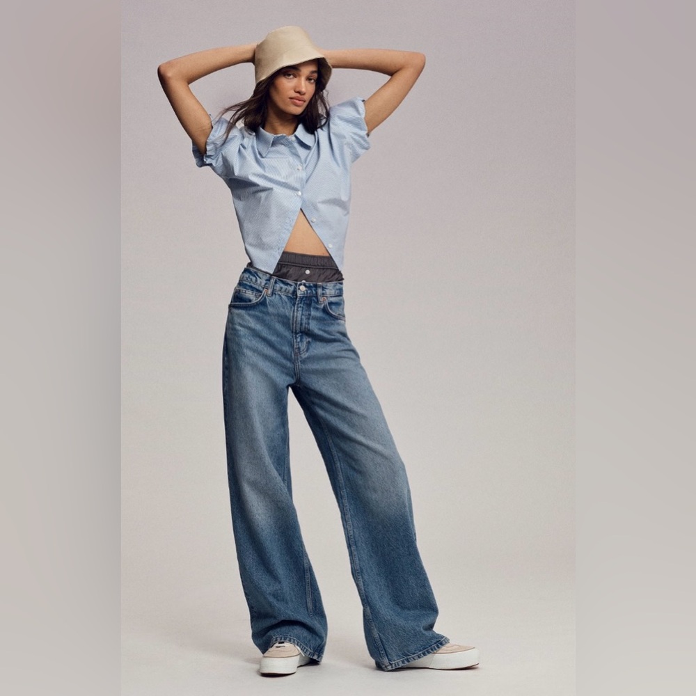 Maeve Light Blue Cropped Short-Sleeve Button-Down Shirt Med